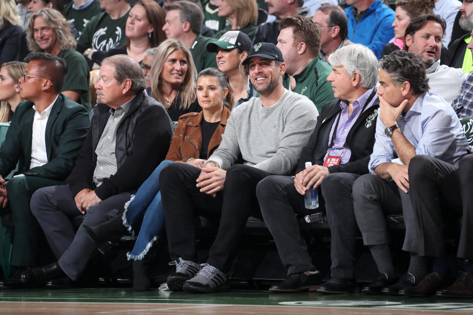 Danica Patrick and Aaron Rodgers attend Game Two of Round One of the 2019 NBA Playoffs between the Detroit Pistons and the Milwaukee Bucks on April 17, 2019 at the Fiserv Forum in Milwaukee, Wisconsin. (Photo by Nathaniel S. Butler/NBAE via Getty Images)