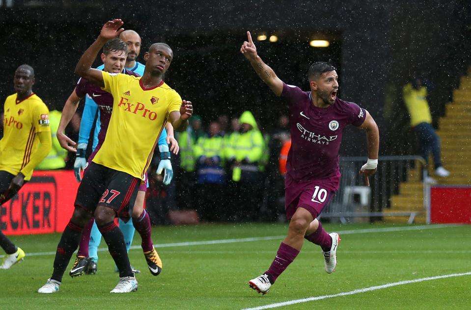 Manchester City have won their last three games by an aggregate score of 15-0 after Sergio Aguero scored a hat-trick in a 6-0 thrashing of Watford