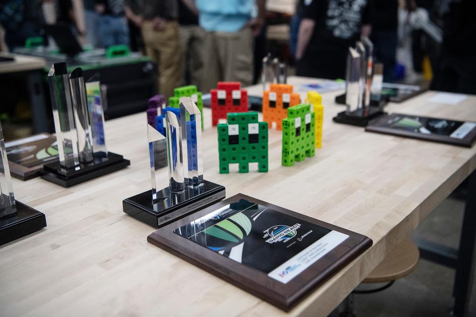 Awards for the Glitch 2.0 team on display during an open house February 22, 2023.