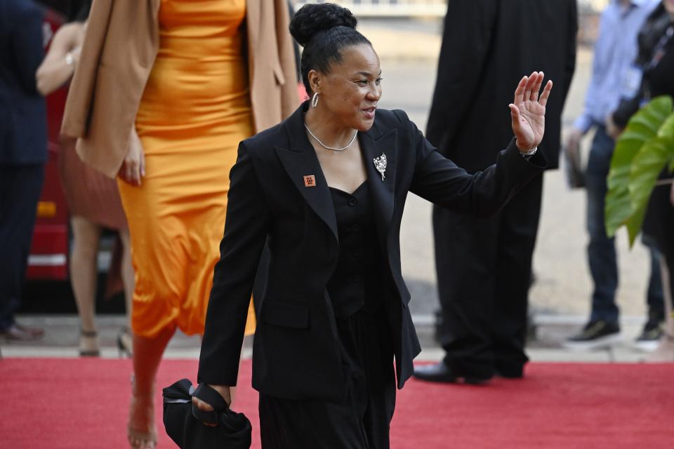 South Carolina women's basketball coach Dawn Staley, arriving for the Basketball Hall of Fame enshrinement ceremony earlier this month, has been mum when asked specifics about the alleged racial incident during the BYU-Duke volleyball match.