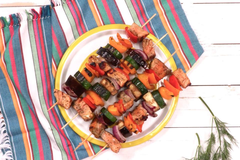 Rainbow Greek Salmon Kabobs