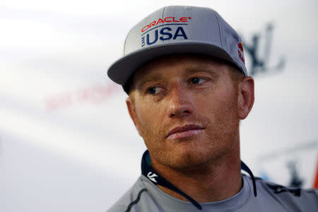 FILE PHOTO: Skipper Jimmy Spithill of Oracle Team USA speaks at a news conference ahead of competing in the America's Cup World Series sailing event in Hamilton, Bermuda, October 16, 2015. REUTERS/Mike Segar/File Photo