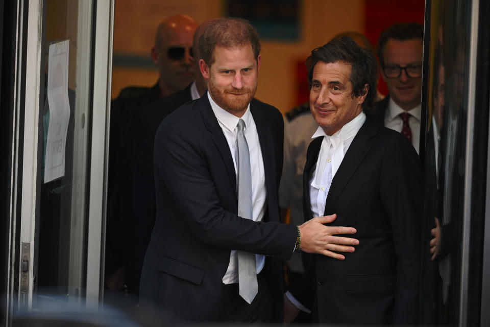 LONDON, ENGLAND - JUNE 07: Prince Harry, Duke of Sussex (L), and barrister David Sherborne (R) leave after giving evidence at the Mirror Group Phone hacking trial at the Rolls Building at High Court on June 7, 2023 in London, England. Prince Harry is one of several claimants in a lawsuit against Mirror Group Newspapers related to allegations of unlawful information gathering in previous decades. (Photo by Leon Neal/Getty Images)