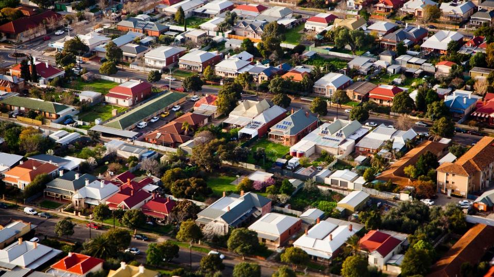 Aerial view of houses in regional Australian suburb. 