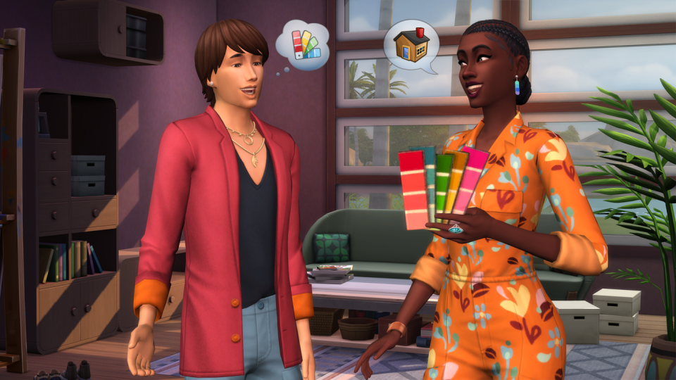 The Sims 4 cheats - two Sims discuss color palettes for decorating