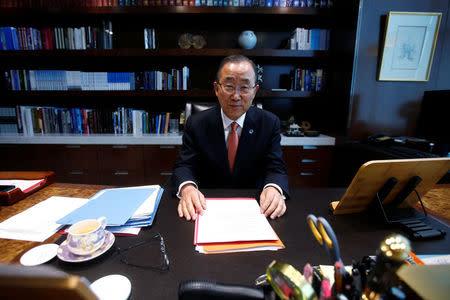 United Nations Secretary General Ban Ki-moon sits at his desk as he poses for a portrait in his office at United Nations Headquarters in the Manhattan borough of New York, New York, U.S., October 21, 2016. REUTERS/Carlo Allegri