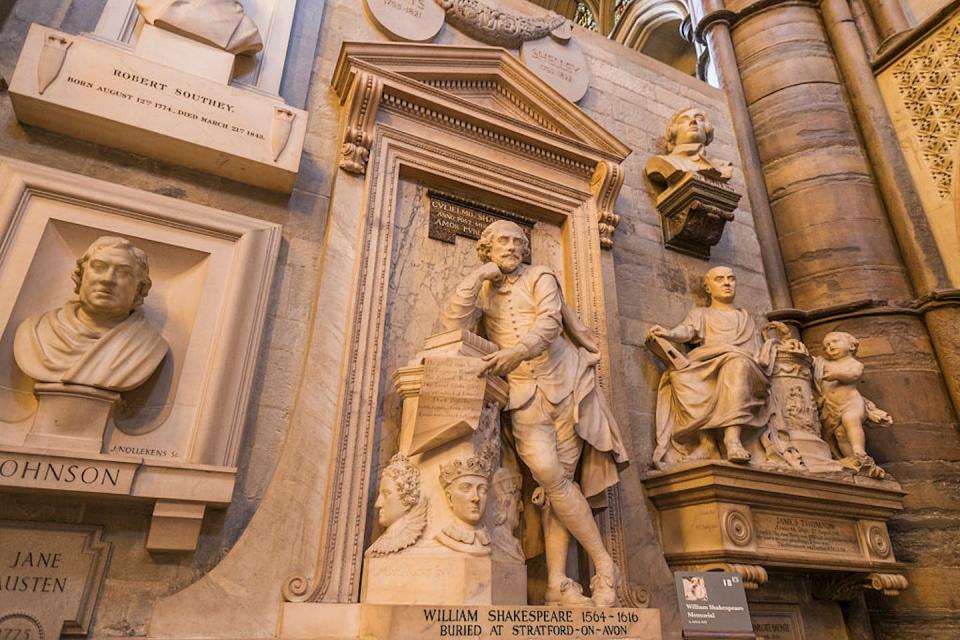 The Shakespeare statue in Poets’ Corner of Westminster Abbey. <a href="https://www.gettyimages.com/detail/news-photo/england-london-westminster-abbey-poets-corner-shakespeare-news-photo/636132542?adppopup=true" rel="nofollow noopener" target="_blank" data-ylk="slk:Prisma by Dukas/Universal Images Group via Getty Images;elm:context_link;itc:0;sec:content-canvas" class="link ">Prisma by Dukas/Universal Images Group via Getty Images</a>