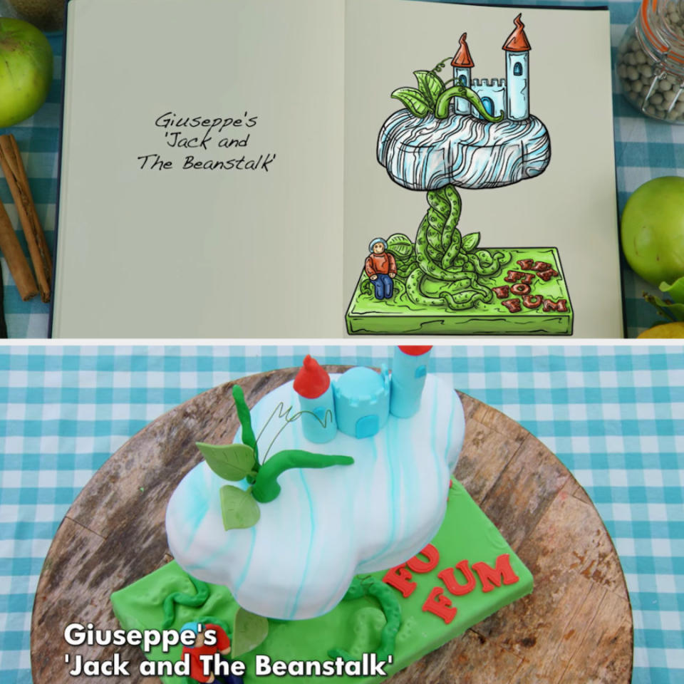 Giuseppe's anti-gravity cake of Jack and the Beanstalk made out of fondant detailing  side by side with its drawing