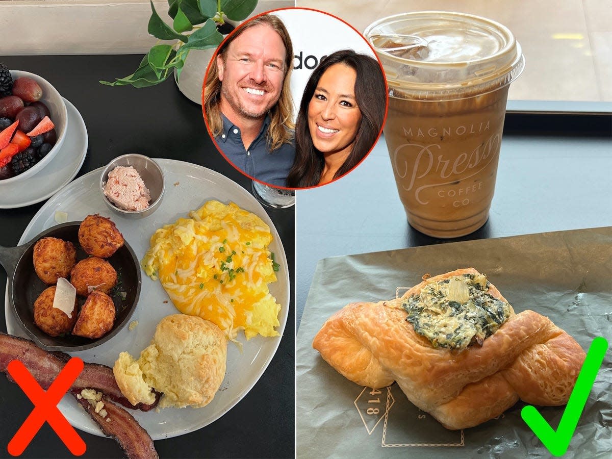 A side-by-side of two breakfasts with an inset of Chip and Joanna Gaines.