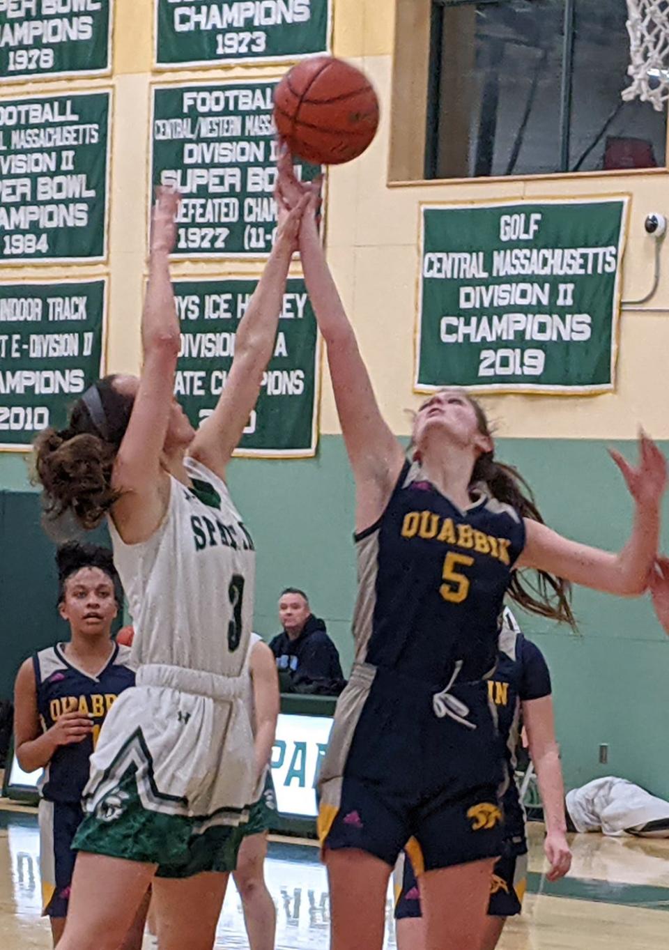 Oakmont's Ella Dellasanta (3) and Quabbin's Sydney Giorgi (5) vie for a rebound during Tuesday's game in Ashburnham.