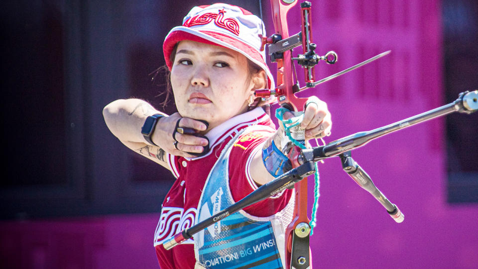 Svetlana Gomboeva, pictured here in action at the Archery World Cup in May.