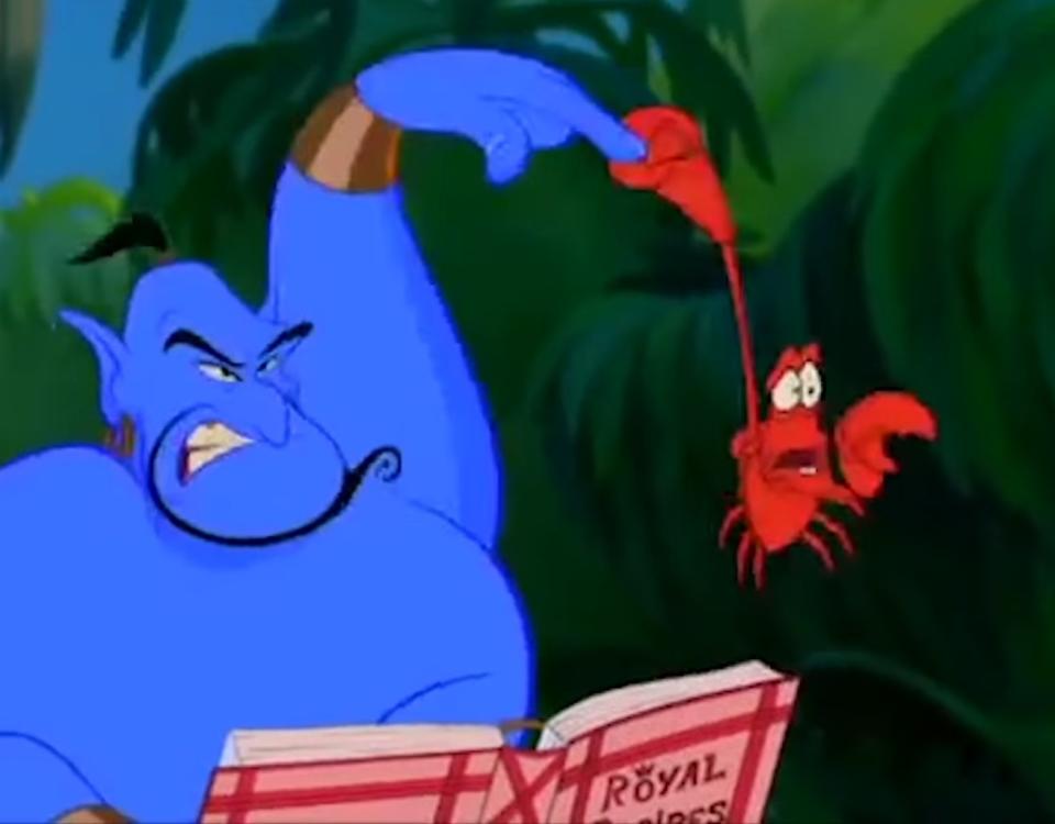 Sebastian the crab from The Little Mermaid grabbing the Genie's finger in Aladdin