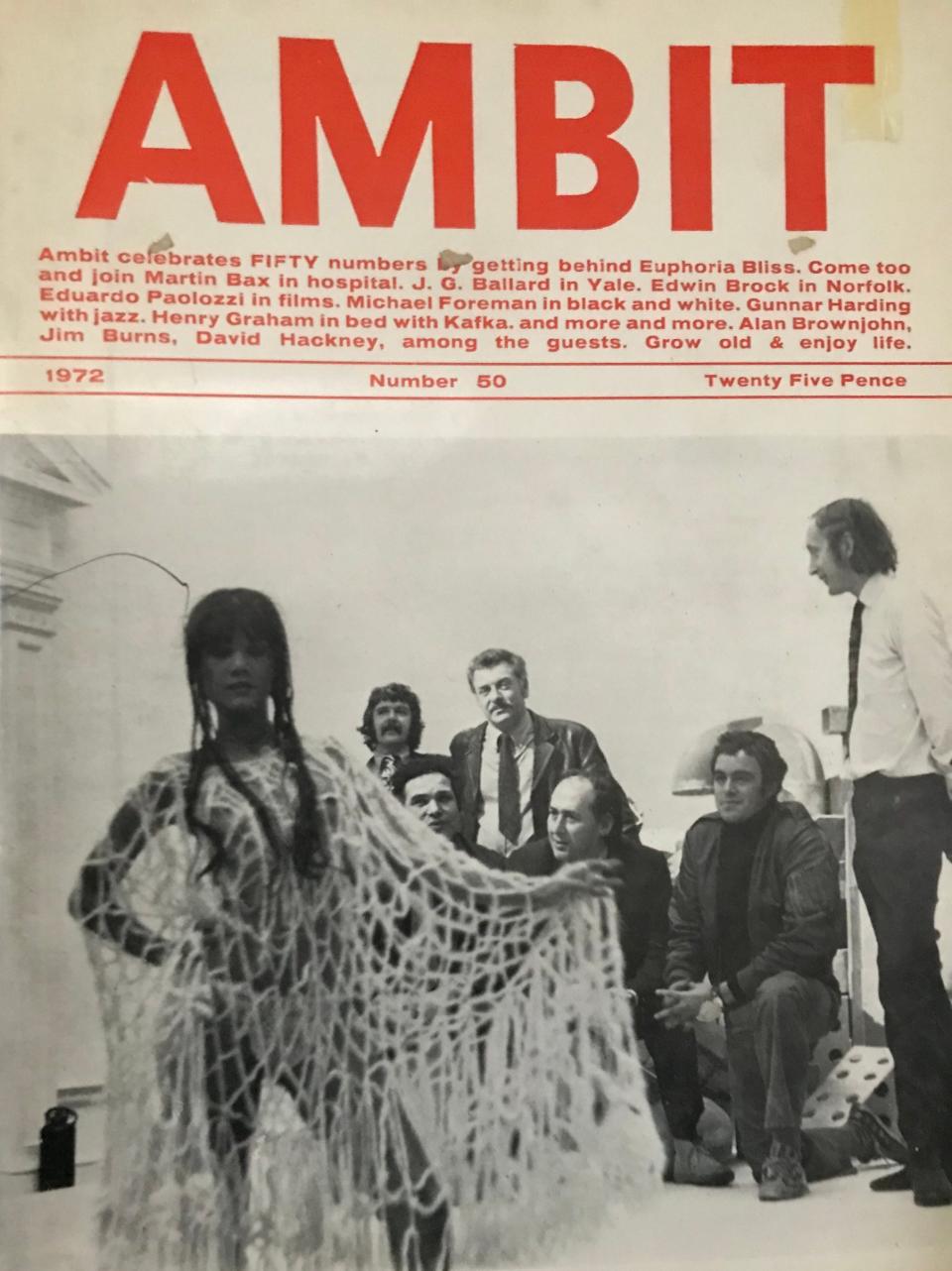 Ambit: cover from 1972 featuring the model Euphoria Bliss with Martin Bax (standing, right) with (left to right) Martin Freeman, Edwin Brock, Eduardo Paolozzi, JG Ballard and Michael Foreman