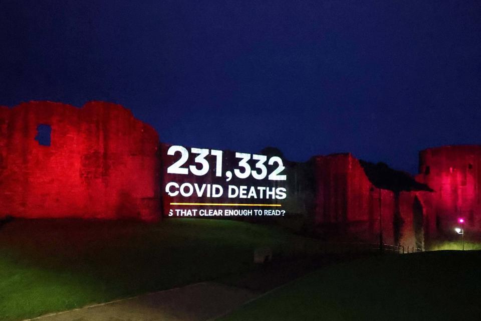 A projection on the walls of Barnard Castle by campaign groups 38 Degrees and Covid Bereaved Families for Justice on Monday ahead of Dominic Cummings’ appearance at the Covid inquiry (PA Media)