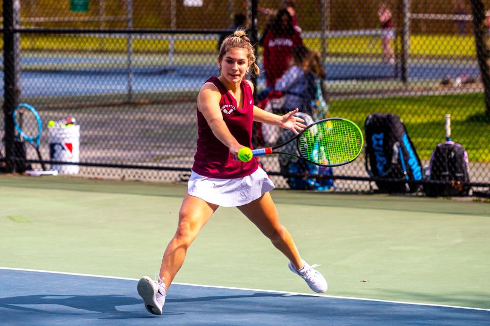 Bishop Stang's Lexy Wynn comes in for the backhand.