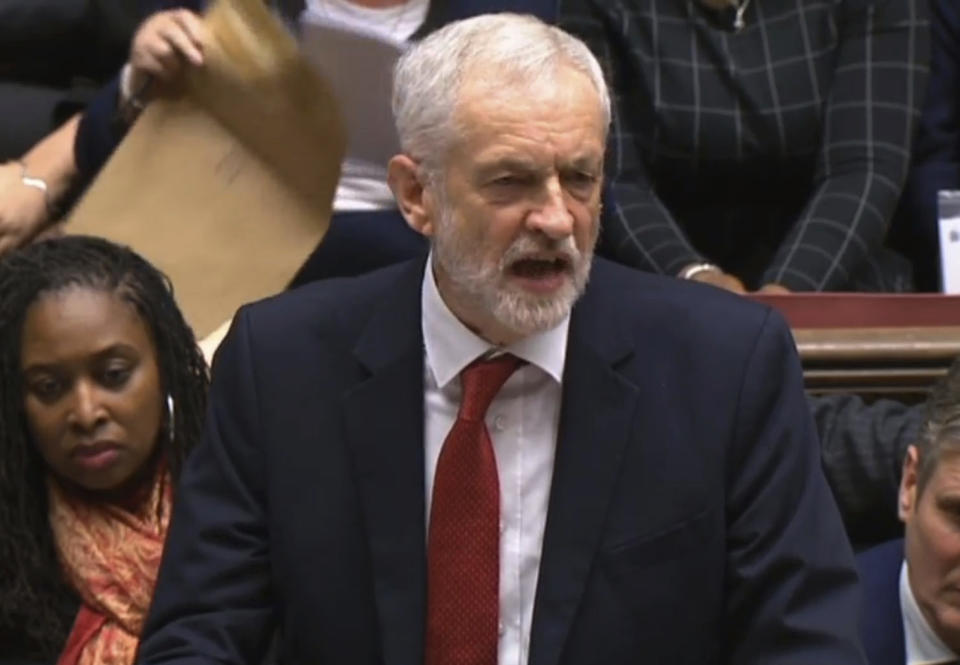 In this grab taken from video, Labour leader Jeremy Corbyn speaks after Britain's Prime Minister Theresa May lost a vote on her Brexit deal in the House of Commons, London, Tuesday Jan. 15, 2019. British lawmakers have plunged Brexit into chaos and the U.K. politics into crisis by rejecting Prime Minister Theresa May's divorce deal with the European Union. The 432 to 202 vote in the House of Commons was widely expected but still devastating for May, whose fragile leadership is now under siege. (House of Commons/PA via AP)