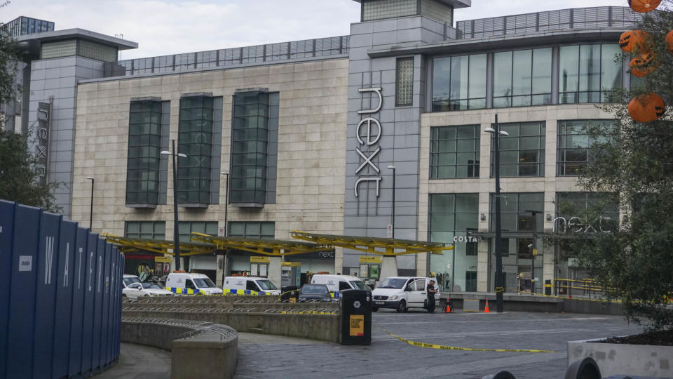 Police vans surround Arndale shopping center , where a man allegedly stabbed five people on October 11 , 2019 , in Manchester England.  (Photo by Giannis Alexopoulos/NurPhoto via Getty Images)