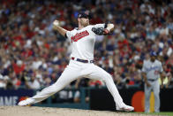 American League pitcher Shane Bieber, of the Cleveland Indians, throws during the fifth inning of the MLB baseball All-Star Game against the National League, Tuesday, July 9, 2019, in Cleveland. (AP Photo/John Minchillo)