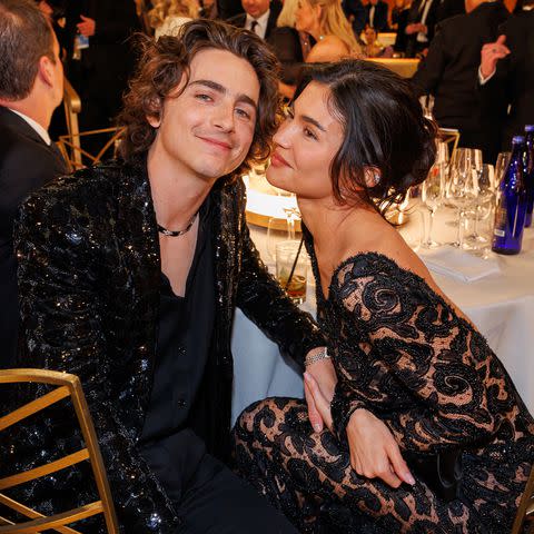 <p>Christopher Polk/Golden Globes 2024/Golden Globes 2024 via Getty</p> Timothée Chalamet and Kylie Jenner at the Golden Globe Awards on Jan. 7, 2024 in Beverly Hills.