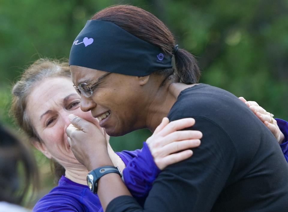 Two friends celebrate finishing a half-marathon. A new study suggests more people in California ended interracial friendships since the 2016 presidential election. <a href="https://www.gettyimages.com/detail/news-photo/susan-lear-at-left-and-her-friend-of-37-years-tina-lee-vogt-news-photo/1033450244?adppopup=true" rel="nofollow noopener" target="_blank" data-ylk="slk:Photo by Mindy Schauer/Digital First Media/Orange County Register via Getty Images;elm:context_link;itc:0;sec:content-canvas" class="link ">Photo by Mindy Schauer/Digital First Media/Orange County Register via Getty Images</a>