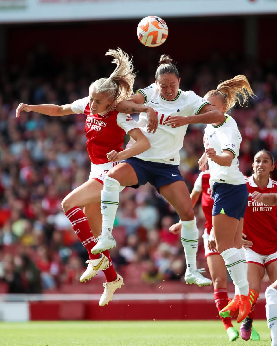 Arsenal made it two wins from two in the Women’s Super League with a north London derby win over Tottenham in front of a record 47,367 crowd (Rhianna Chadwick/PA) (PA Wire)