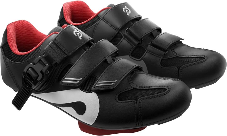 black and red Peloton bike shoes with velcro