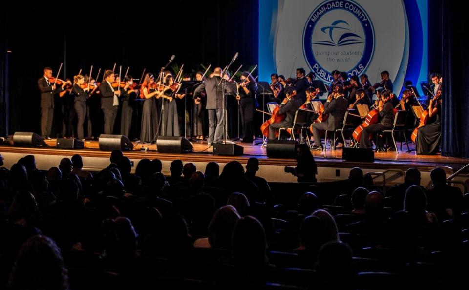 The MDCPS District All-Star Orchestra performs during the Miami Dade County Public Schools District 2022- 2023 Opening of Schools event at Miami Senior High School in Miami, on Friday, Aug. 5, 2022.