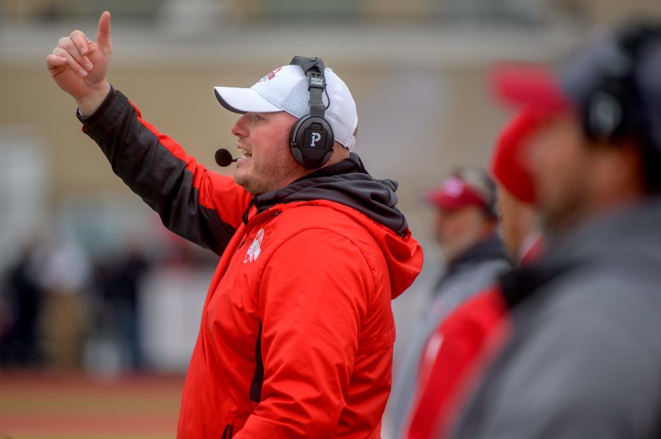 Morton head coach Tim Brilley directs his team against Mahomet-Seymour in the first half of their Class 5A state football quarterfinal Saturday, Nov. 13, 2021 at Morton High School. The Potters advanced to the semifinals with a 40-28 victory.