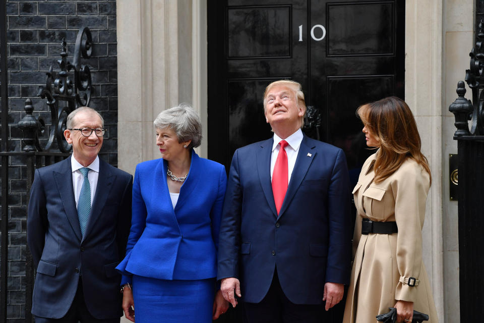 LONDON, ENGLAND - JUNE 04:  Prime Minister Theresa May and husband Philip May welcome US President Donald Trump and First Lady Melania Trump to 10 Downing Street, during the second day of his State Visit on June 4, 2019 in London, England. President Trump's three-day state visit began with lunch with the Queen, followed by a State Banquet at Buckingham Palace, whilst today he will attend business meetings with the Prime Minister and the Duke of York, before travelling to Portsmouth to mark the 75th anniversary of the D-Day landings. (Photo by Jeff J Mitchell/Getty Images)