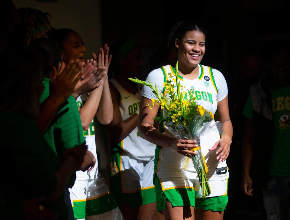 Oregon's Nyara Sabally is introduced during a Senior Day ceremony after the game against Stanford on Feb. 20.