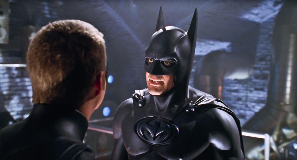 USA. George Clooney and Chris O'Donnell  in a scene from the ©Warner Bros film : Batman & Robin (1997) . Plot: Batman and Robin try to keep their relationship together even as they must stop Mr. Freeze and Poison Ivy from freezing Gotham City.  Ref: LMK110-J6508-140520 Supplied by LMKMEDIA. Editorial Only. Landmark Media is not the copyright owner of these Film or TV stills but provides a service only for recognised Media outlets. pictures@lmkmedia.com