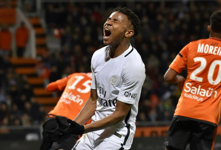 Paris Saint-Germain's midfielder Christopher Nkunku reacts during the French L1 football match Lorient vs Paris SG at the Moustoir stadium in Lorient on March 12, 2017