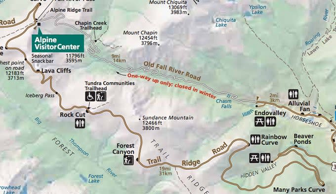 Road map for Old Fall River Road in Rocky Mountain National Park