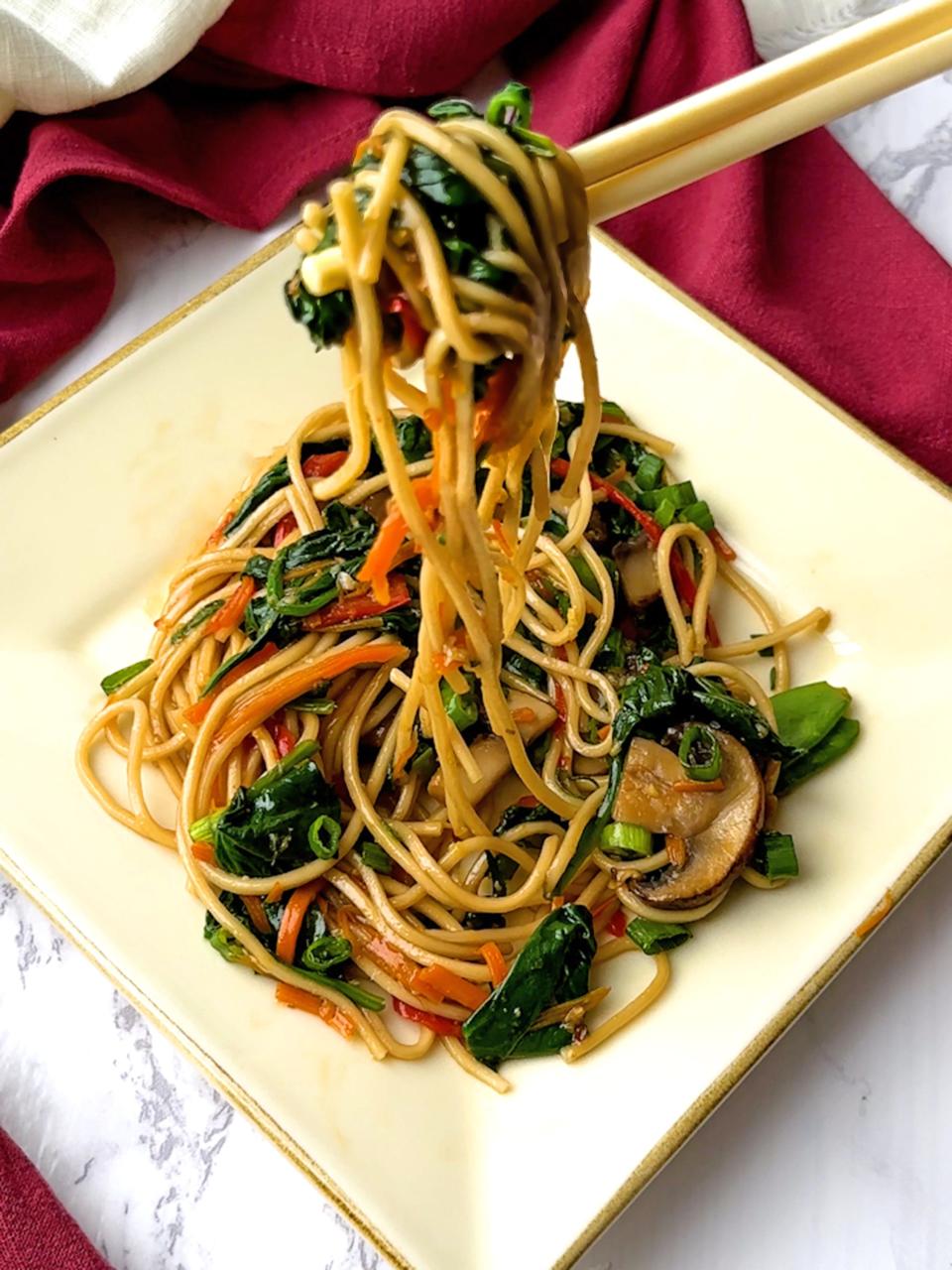 Dress up Vegetable Lo Mein with chicken, shrimp, pork, etc., or mix up the vegetables by adding broccoli florets, celery, or bean sprouts.