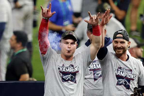 HOUSTON, TEXAS - NOVEMBER 02:  Joc Pederson #22 of the Atlanta Braves celebrates after the 7-0 victory against the Houston Astros in Game Six to win the 2021 World Series at Minute Maid Park on November 02, 2021 in Houston, Texas. (Photo by Bob Levey/Getty Images)