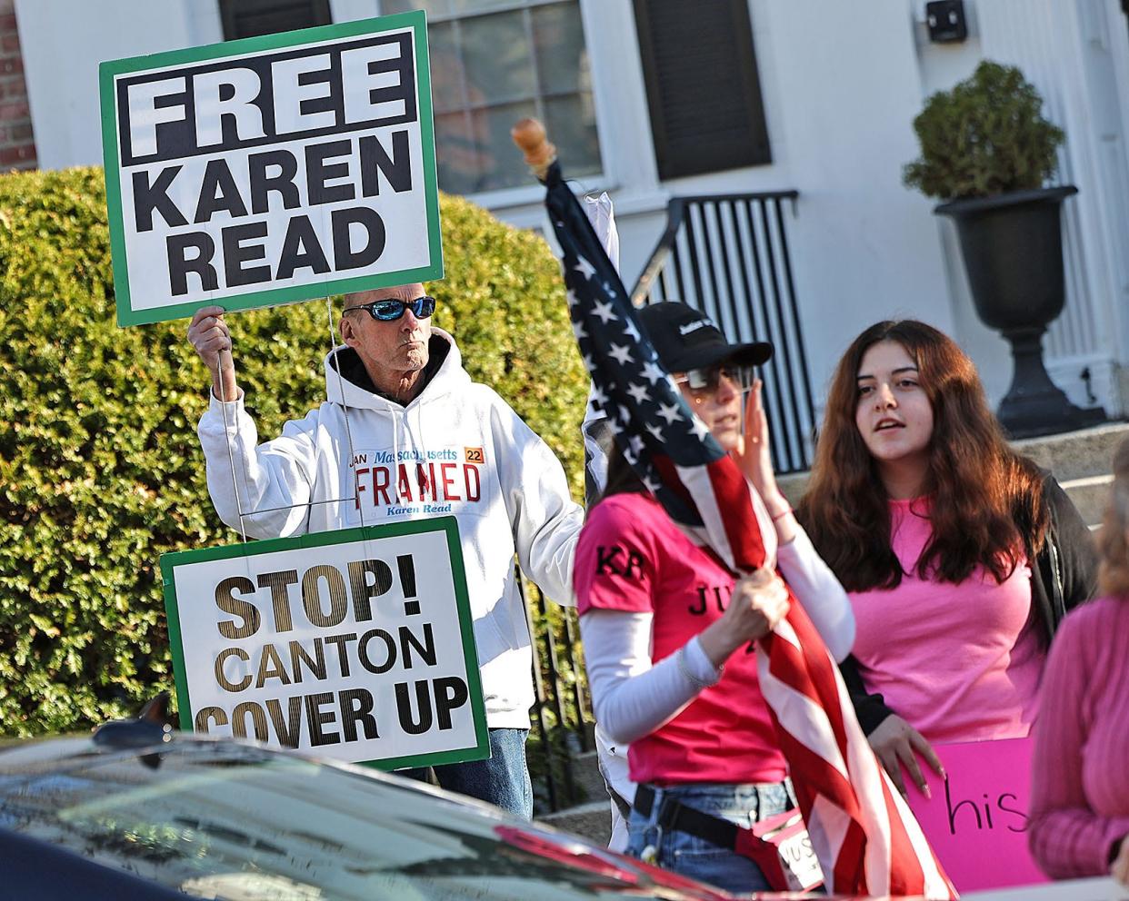 Supporters of Karen Read line the streets outside Norfolk Superior Court in Dedham, staying 200 feet away as ordered by the trial judge, as jury selection starts in the Mansfield woman's murder trial on Tuesday, April 16, 2024.