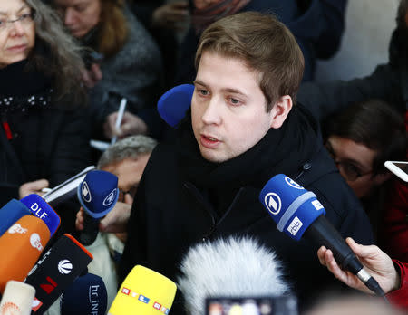 FILE PHOTO: Kevin Kuehnert of Social Democratic Party (SPD) attends a news conference to announce the results of the voting for a possible coalition between the Social Democratic Party (SPD) and the Christian Democratic Union (CDU) in Berlin, Germany March 4, 2018. REUTERS/Hannibal Hanschke