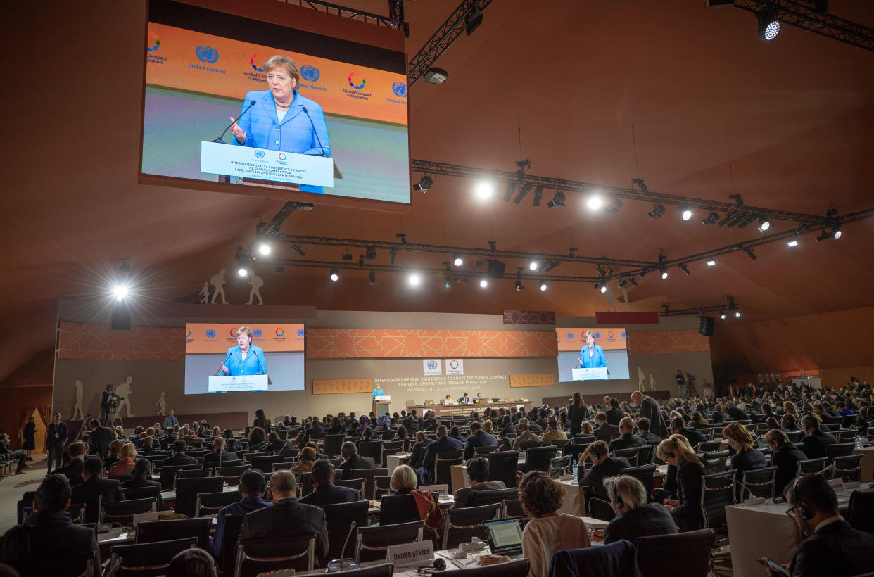 Angela Merkel spricht auf der UN-Konferenz zum Migrationspakt (Bild: dpa)