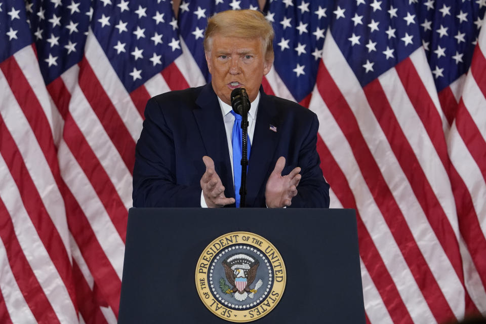 President Donald Trump speaks in the East Room of the White House, early Wednesday, Nov. 4, 2020, in Washington. (Evan Vucci/AP)