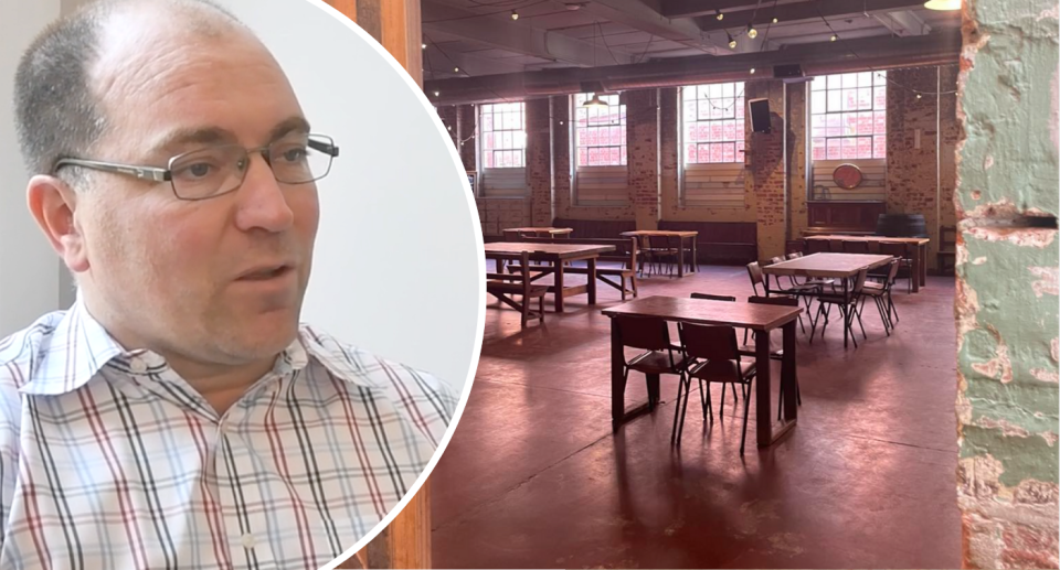 Insert of restaurant chain owner Tim Matthews next to empty restaurant