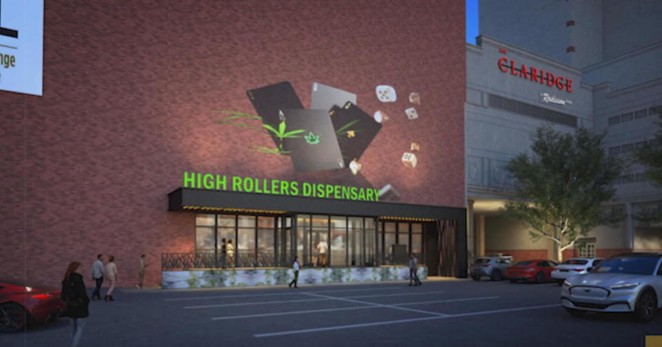 A mock-up of the planned multi-story High Rollers dispensary and cannabis lounge, planned for Labor Day 2023 in Atlantic City at the 1920s-era Claridge Hotel.