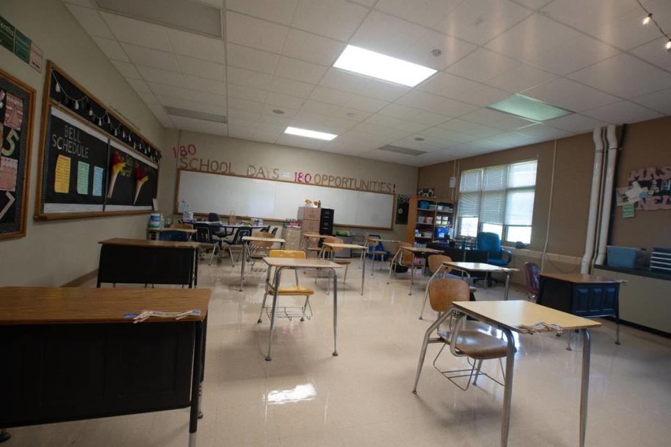 An empty special education classroom at Harmony Intermediate on Aug. 16, 2023. Harmony-Emge District 175, like other districts in the metro-east, is grappling with Illinois’ teacher shortage.