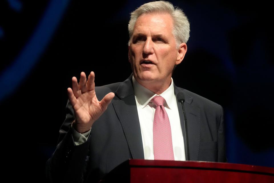 U.S. House Minority Leader Kevin McCarthy, R-Calif., wants to investigate the agencies involved in the search Monday at former President Donald Trump's Mar-a-Lago estate in Florida. In this file photo, McCarthy is shown speaking to a South Carolina GOP fundraising dinner on Friday, July 29, 2022, in Columbia, S.C.