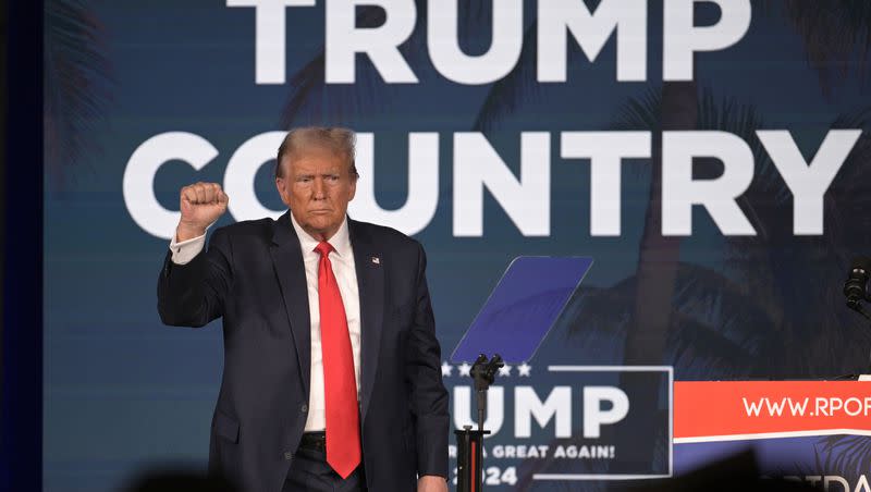 Former President Donald Trump acknowledges attendees after speaking at the Republican Party of Florida Freedom Summit on Saturday, Nov. 4, 2023, in Kissimmee, Fla.