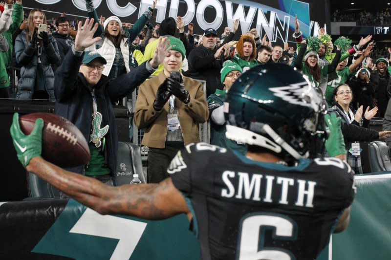 Philadelphia Eagles wide receiver DeVonta Smith eclipsed 1,000 yards and scored seven touchdowns in 2022 and 2023. File Photo by Laurence Kesterson/UPI