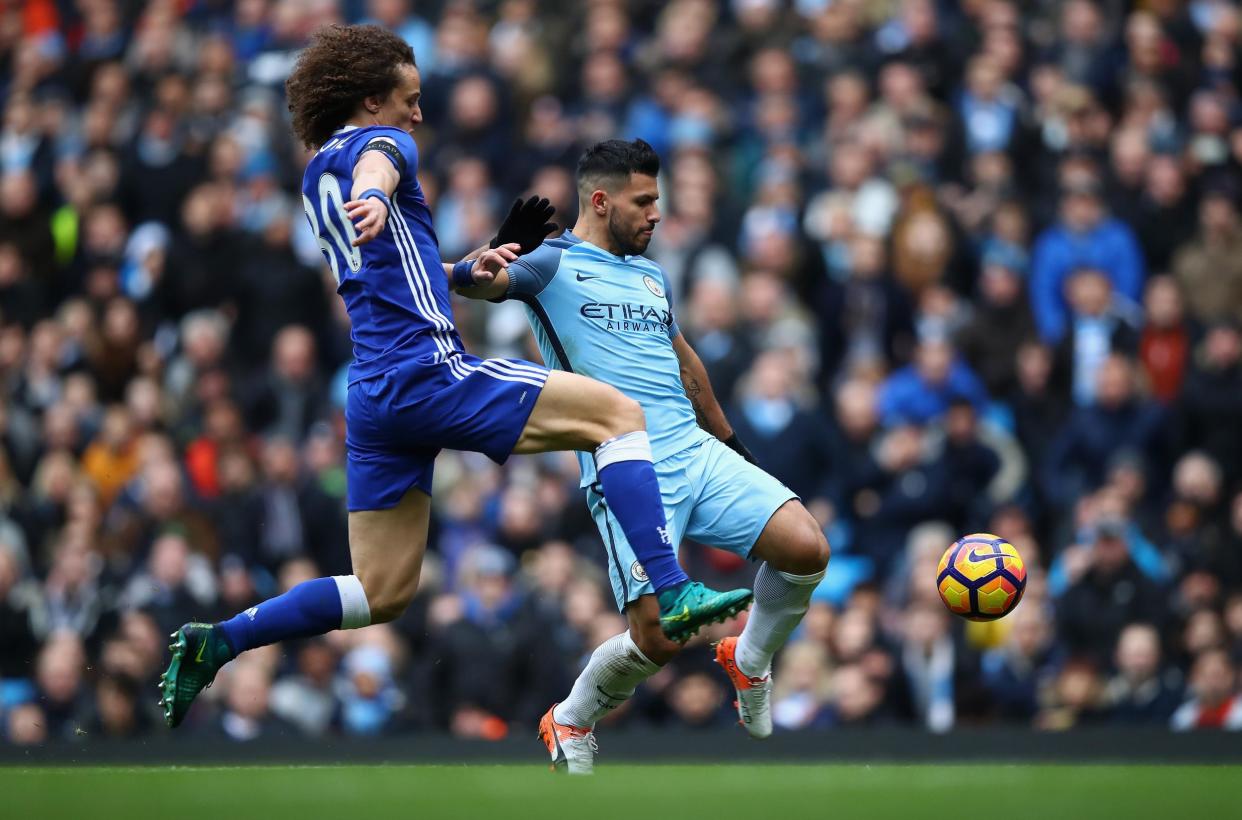 Dismissal | Sergio Aguero (right) was sent off after fouling David Luiz (left) at the Etihad Stadium: Clive Brunskill/Getty Images