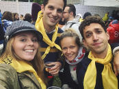 In this selfie taken by Washington Post reporter Francesca Ebel, Wall Street Journal reporter Evan Gershkovich, top, poses in 2019 with his friends and colleagues who cover Russia: Ebel, left, Polina Ivanova of the Financial Times, center, and Pjotr Sauer of the Guardian, right. Gershkovich has been detained in Moscow since March 29, 2023, accused of espionage – charges that he, his employer and the U.S. government deny. (Francesca Ebel via AP)