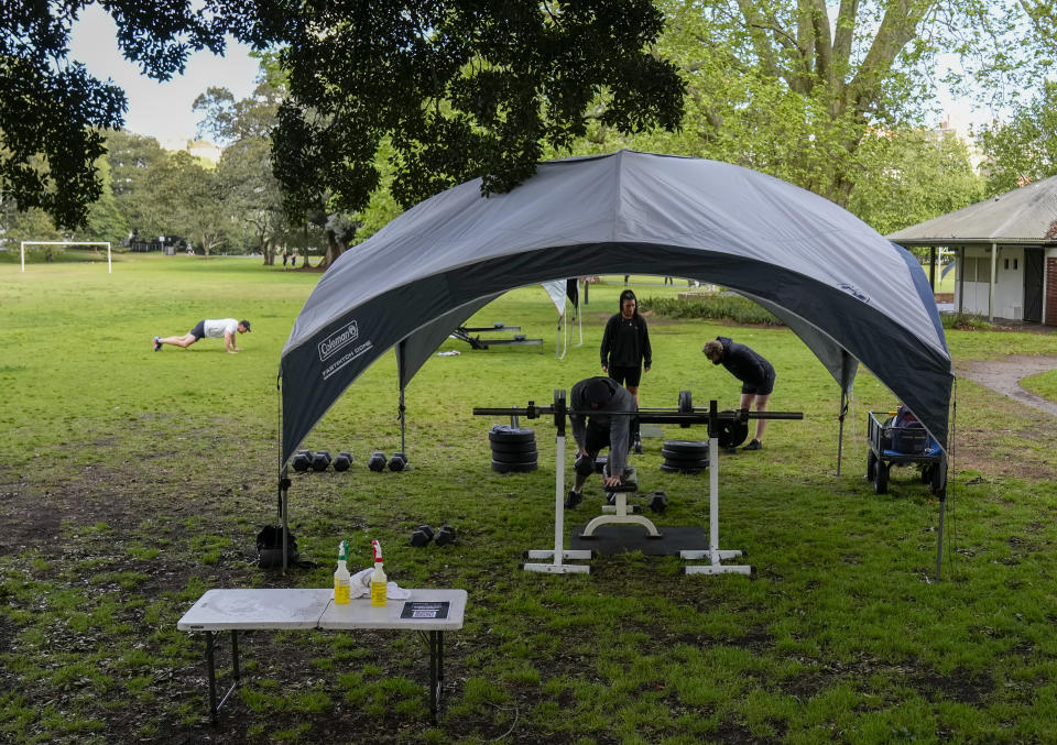 People workout in a park in the eastern suburbs of Sydney Tuesday, Sept. 14, 2021. Personal trainers have turned a waterfront park at Sydney’s Rushcutters Bay into an outdoor gym to get around pandemic lockdown restrictions. (AP Photo/Mark Baker)