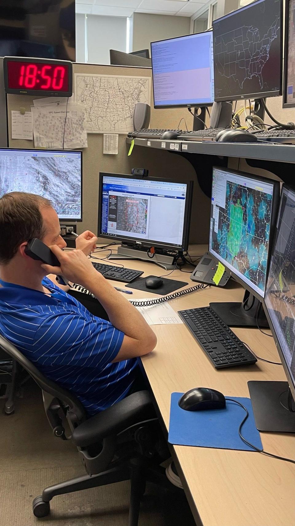 Bryan Smith, lead forecaster at the National Weather Service Storm Prediction Center, coordinates the "particularly dangerous situation" tornado watch at the center in Norman, Oklahoma on the afternoon of May 6, 2024 as the region braced for a severe weather outbreak.