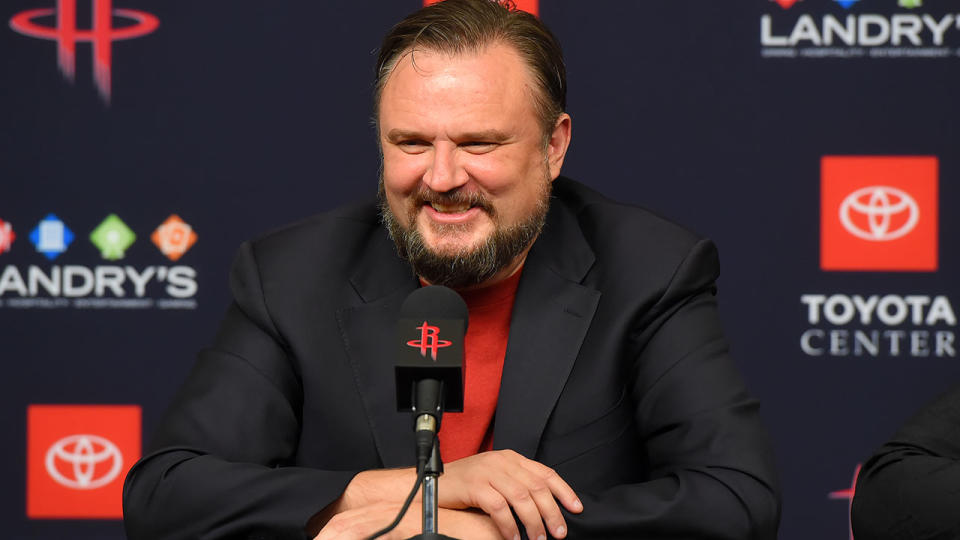 Houston Rockets General Manager Daryl Morey, pictured here speaking with the media.